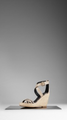 Check Patent Leather Espadrille Wedges