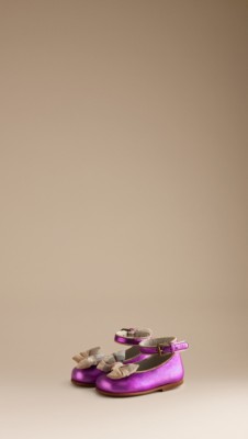Metallic Leather Check Bow Ballerinas