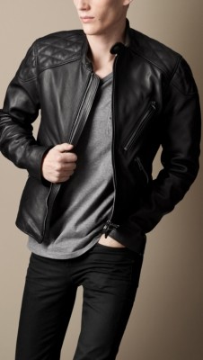 Quilt Detail Leather Biker Jacket