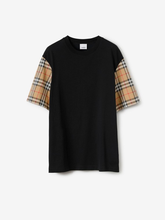 Camiseta en algodón con mangas Check (Negro)