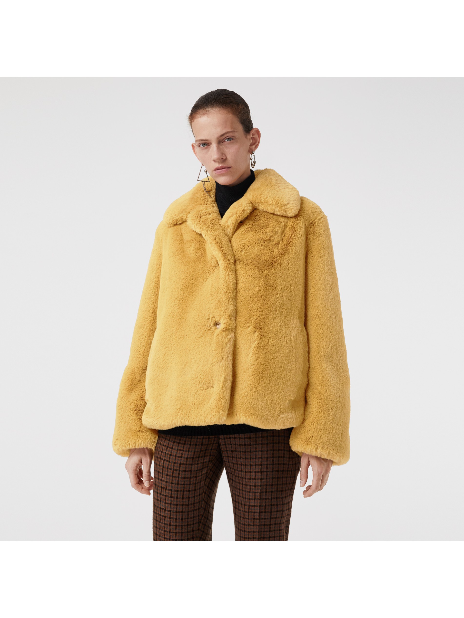 ochre yellow faux fur single-breasted jacket image51