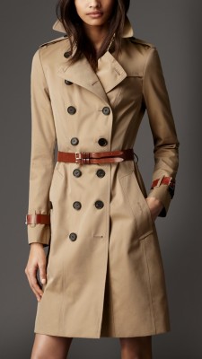 Long Cotton Gabardine Leather Detail Trench Coat
