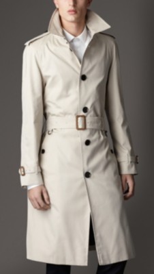 Long Cotton Gabardine Ostrich Leather Detail Trench Coat