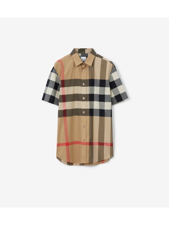 Kurzarmhemd aus Stretchbaumwollpopelin in Check (Vintage-beige)