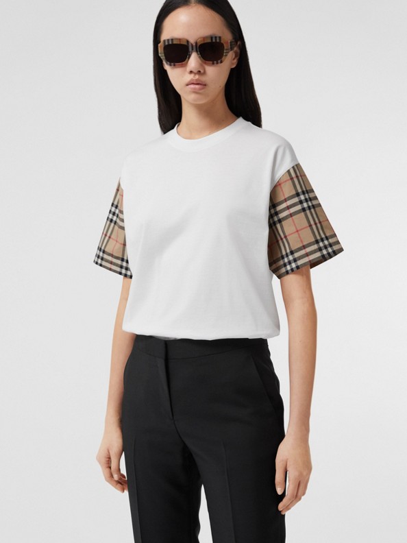 Oversize-T-Shirt mit Ärmeln im Vintage Check-Design (Weiß)