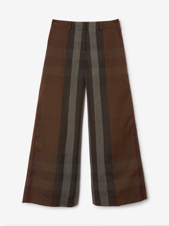 Calça estilo pantalona de algodão xadrez (Marrom Bétula Escuro)