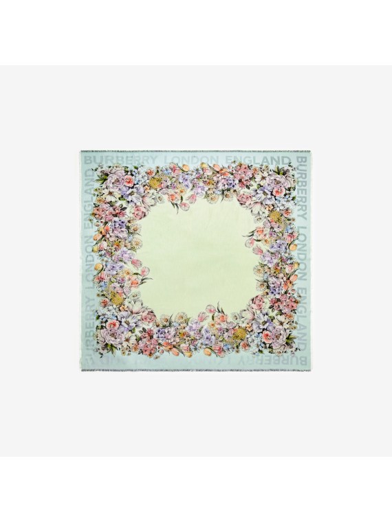 Großer Seiden-Karreeschal mit Blumenmuster (Hellblau)
