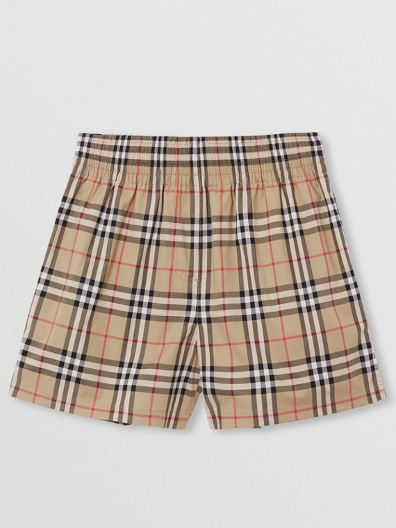 Pantalones cortos en algodón elástico a cuadros Vintage Checks con franjas laterales (Beige)