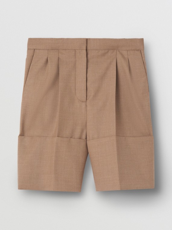 Pantalones cortos de vestir en lana con bajos vueltos (Taupe Fuerte)