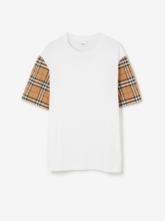 Baumwoll-T-Shirt mit Check-Ärmeln (Weiß)