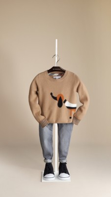 Wool Cashmere Sweater with Wraparound Dog Intarsia