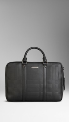 Embossed Check Leather Briefcase