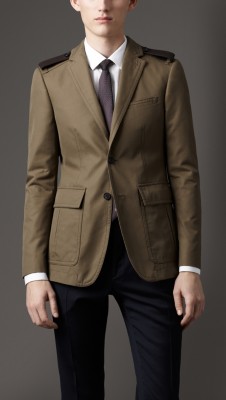Modern Fit Cotton Gabardine Sports Jacket with Leather Epaulettes