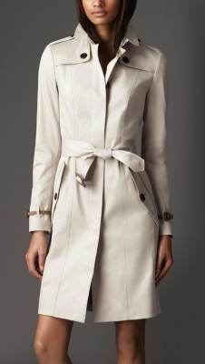 Long Cotton Twill Nubuck Leather Detail Trench Coat