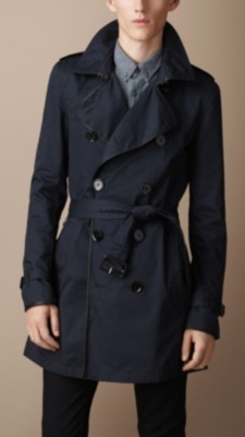 Mid-Length Cotton Leather Trim Trench Coat