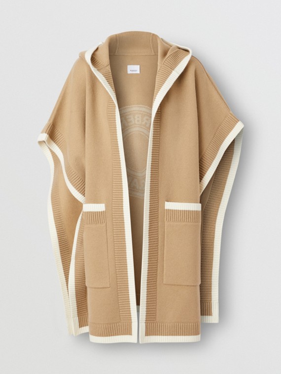 Logo Graphic Wool Cashmere Jacquard Hooded Cape in Archive Beige