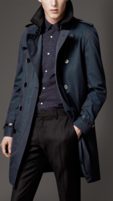 Mid-Length Cotton Gabardine Leather Trim Trench Coat