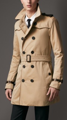 Mid-Length Leather Detail Gabardine Trench Coat