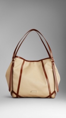 Bolso tote grande en algodón de gabardina y cuero