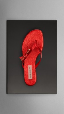 Metallic Leather Studded Bow Flip Flops