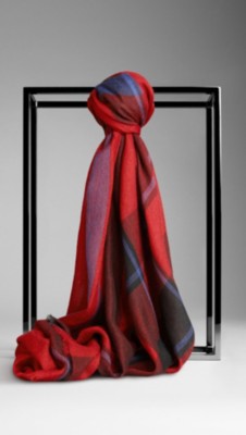 Check Stripe Wool Silk Scarf
