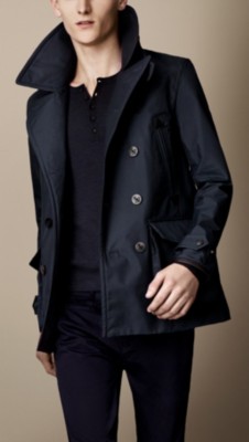 Leather Detail Seam-Sealed Pea Coat