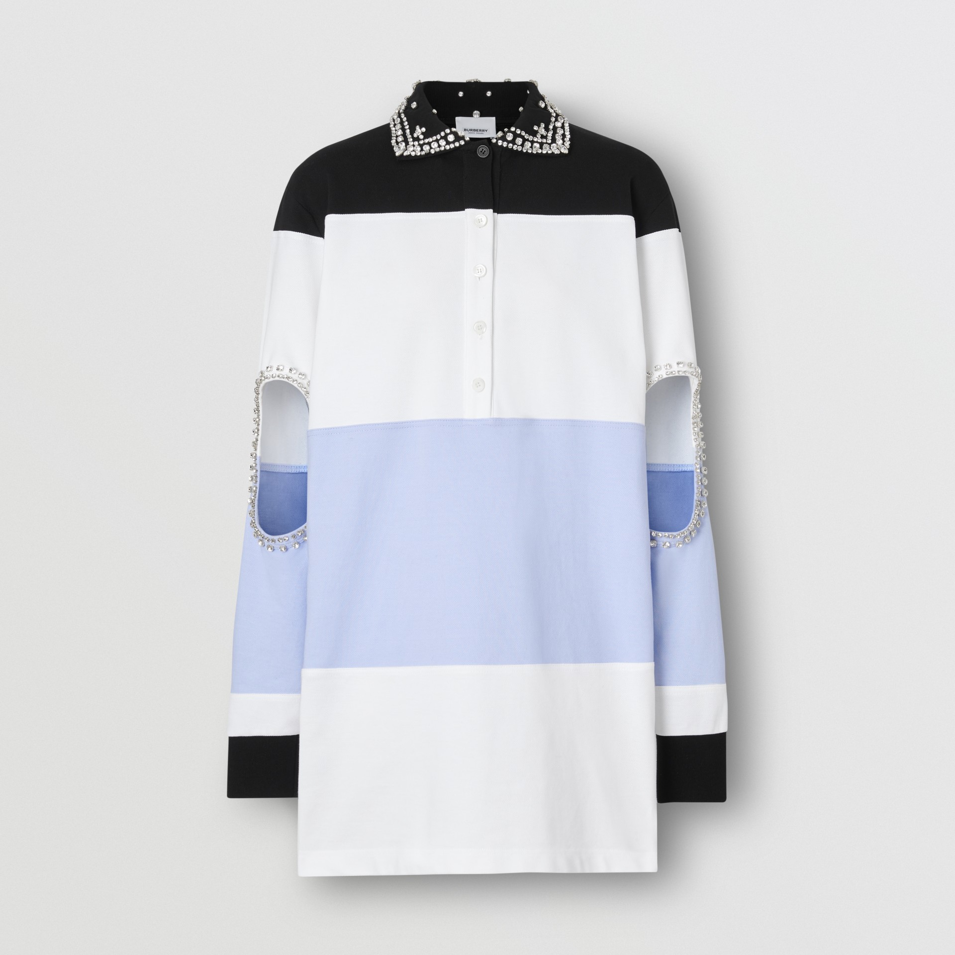 Crystal and Cutout Detail Cotton Oversized Polo Shirt in Black Women