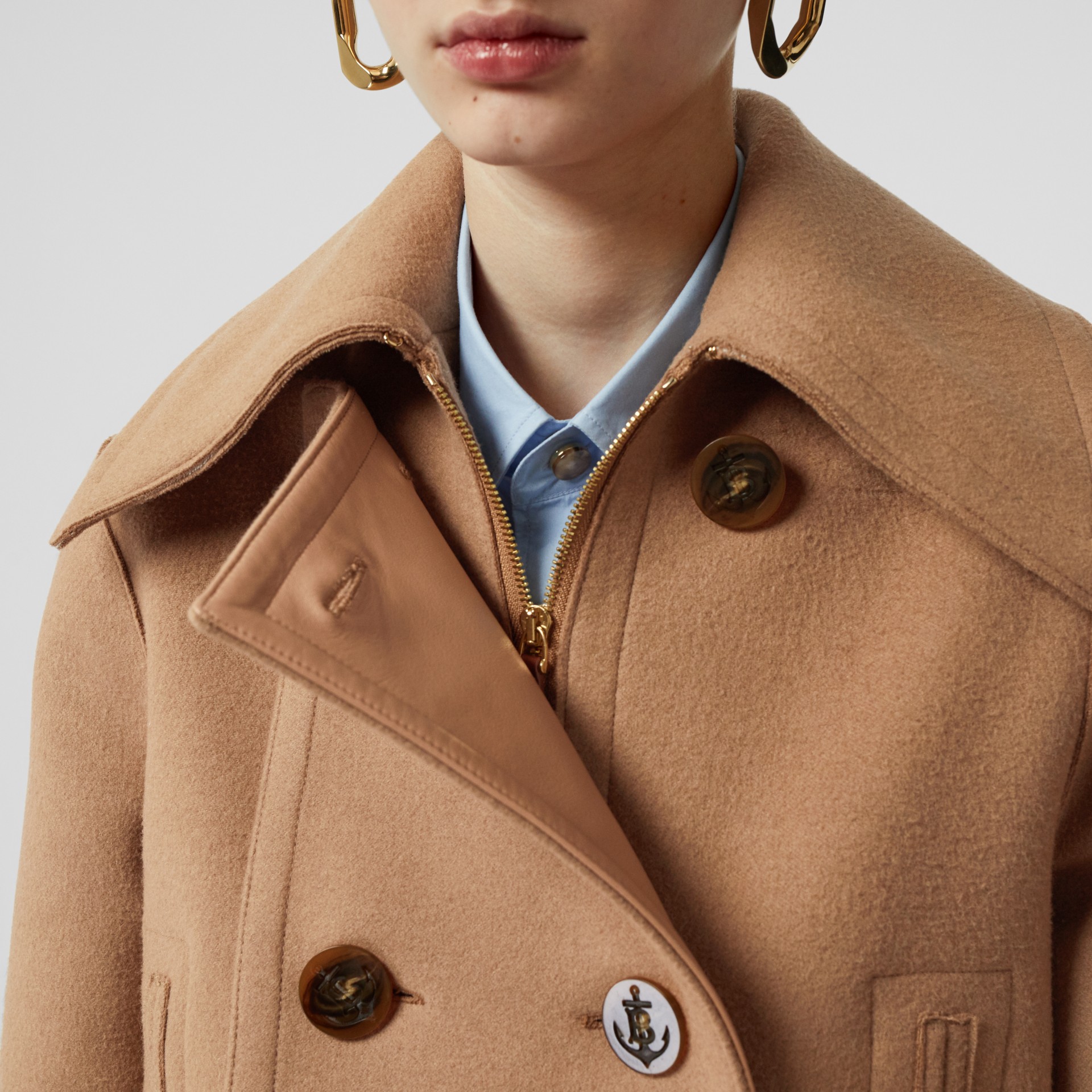 Button Panel Detail Wool Cashmere Pea Coat in Camel Women Burberry