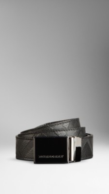 Reversible Check Embossed Leather Plaque Belt