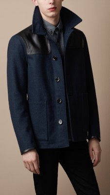 Leather Detail Wool Blend Coat