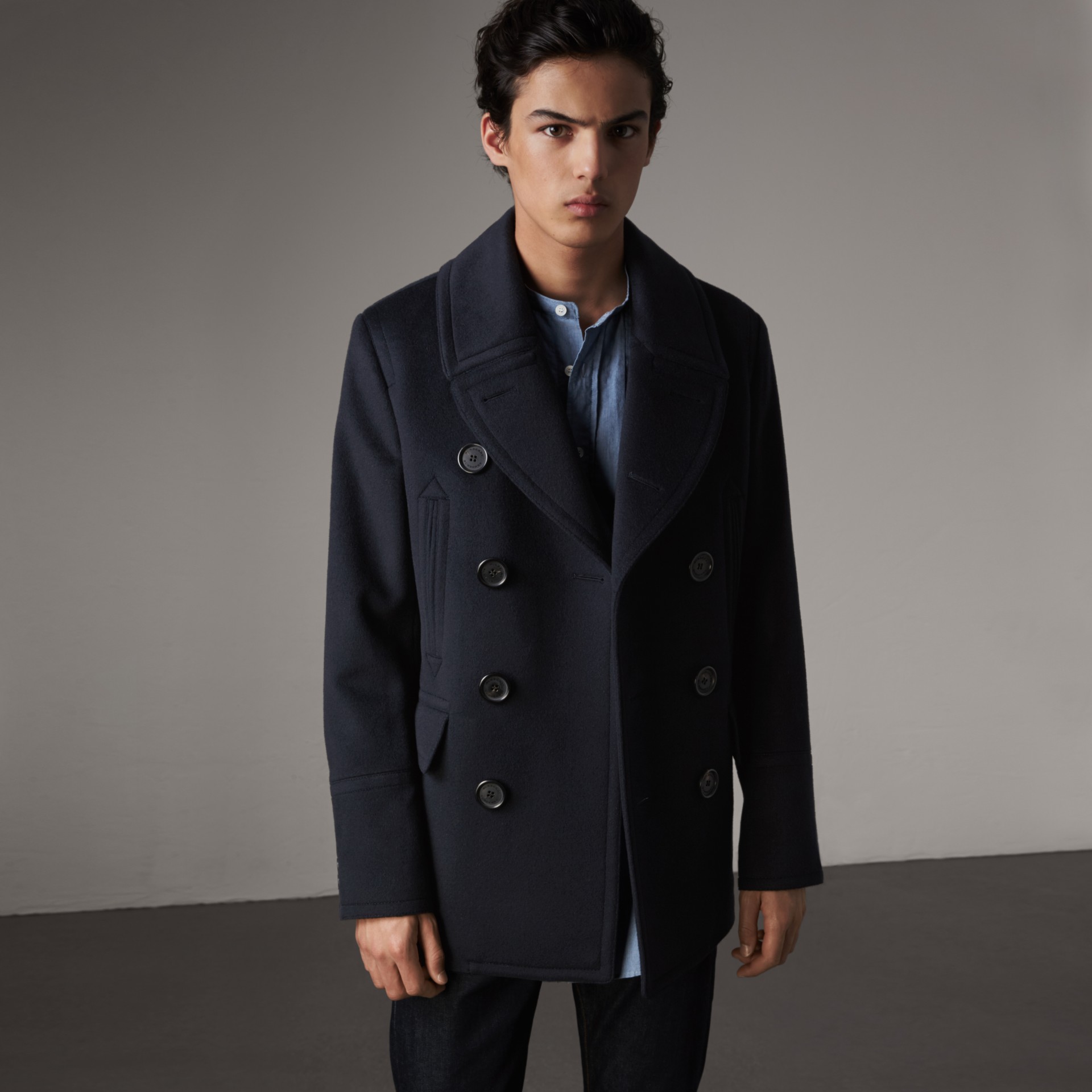 Wool Cashmere Pea Coat in Navy - Men | Burberry United States