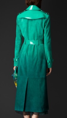 Bright peacock green Dégradé Suede Trench Coat with Patent Trim - Image 2