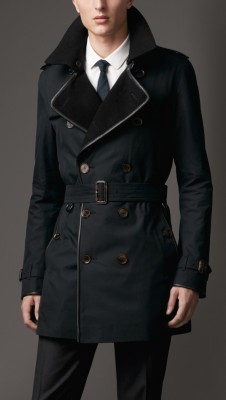 Mid-Length Wool Collar Cotton Gabardine Trench Coat
