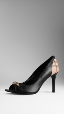 Check Detail Leather Peep-Toe Pumps