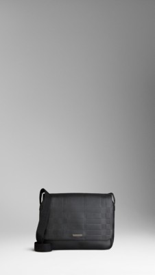 Large Embossed Check Leather Messenger Bag