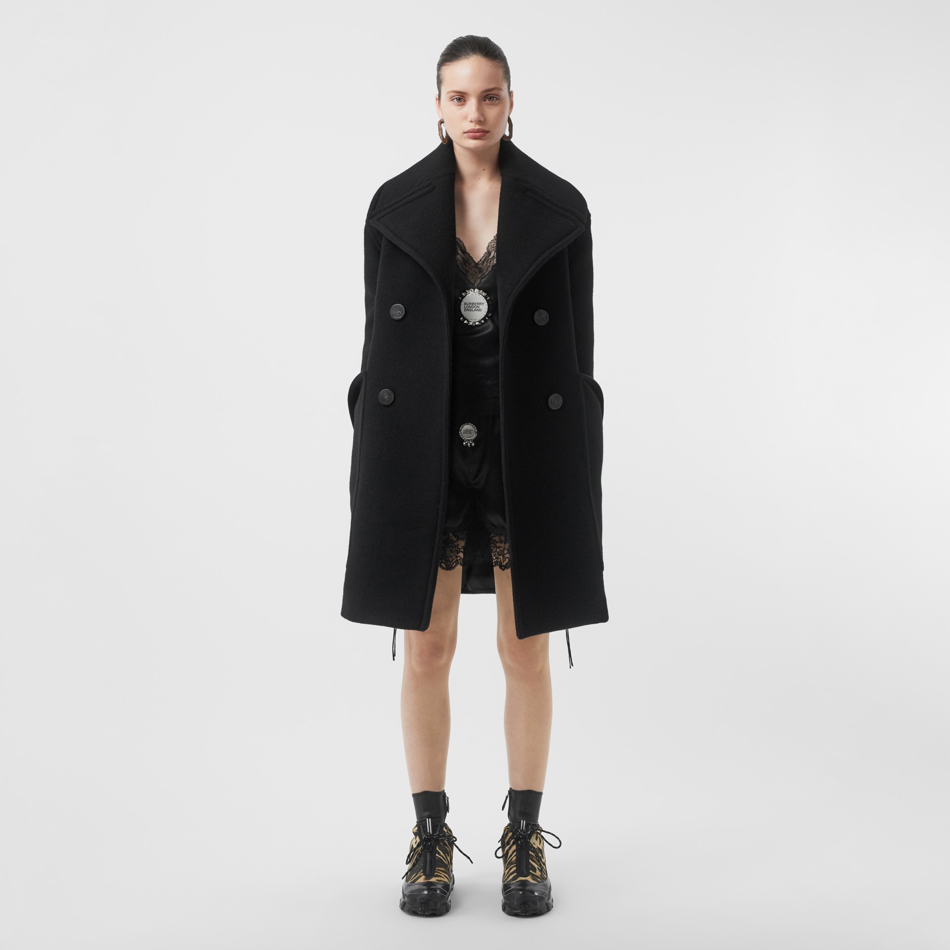 Wool Oversized Pea Coat in Black Women Burberry United States