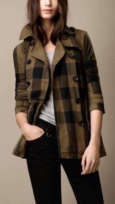 Short Cotton Linen Check Trench Coat