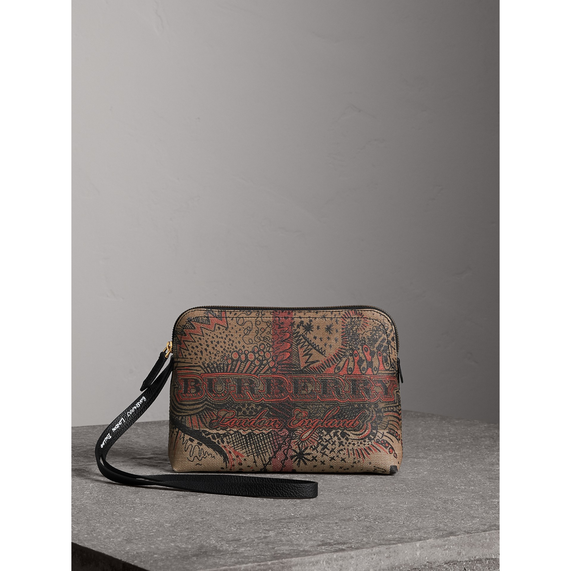 large doodle print coated check canvas pouch in classic