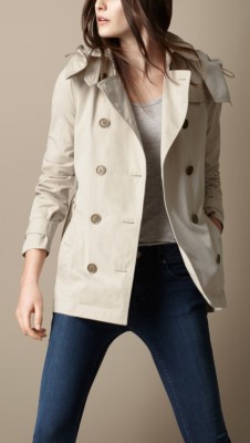 Short Cotton Nylon Gabardine Detachable Hood Trench Coat
