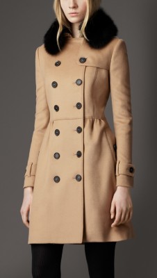 Mid-Length Wool Cashmere Fur Collar Trench Coat