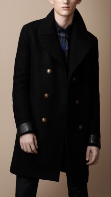 Wool Blend Leather Detail Coat