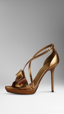 Bow Detail Metallic Snakeskin Sandals