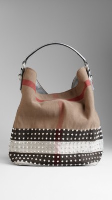 Bolso hobo mediano en lona con checks y tachuelas