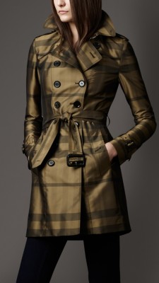 Mid-Length Technical Taffeta Twill Check Trench Coat