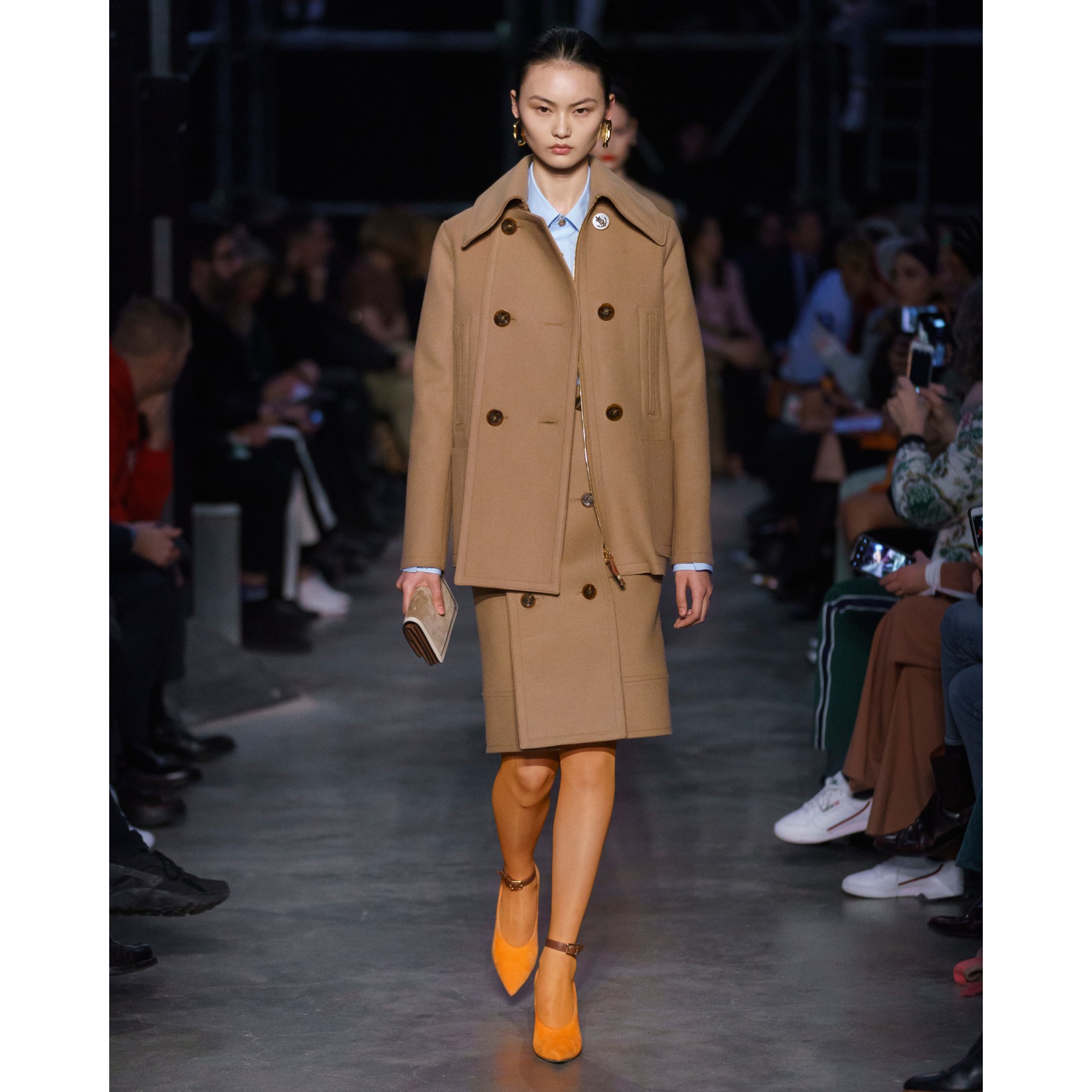 Button Panel Detail Wool Cashmere Pea Coat in Camel Women Burberry