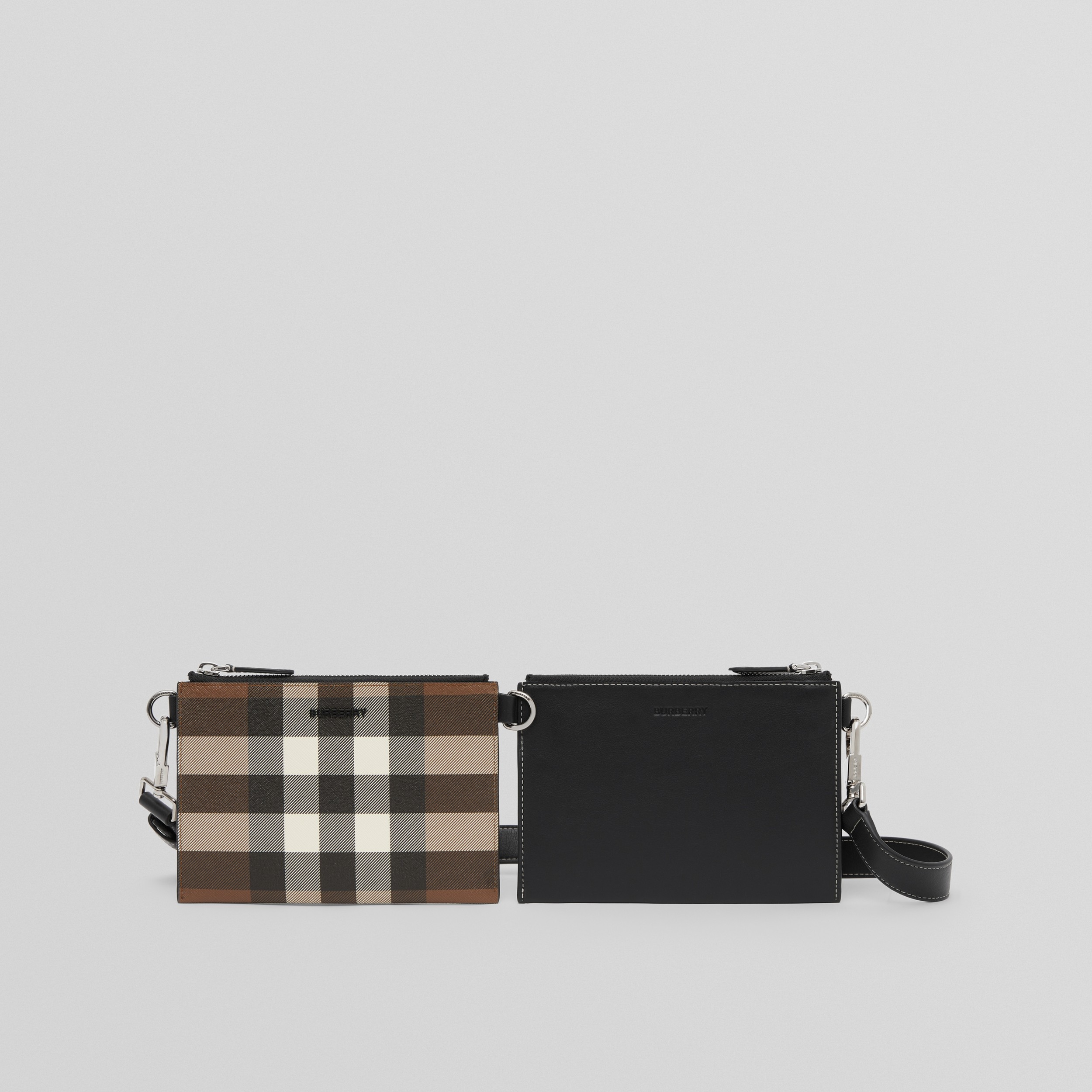 Check E-canvas and Leather Link Pouch Crossbody Bag in Dark Birch Brown - Men | Burberry® Official - 1