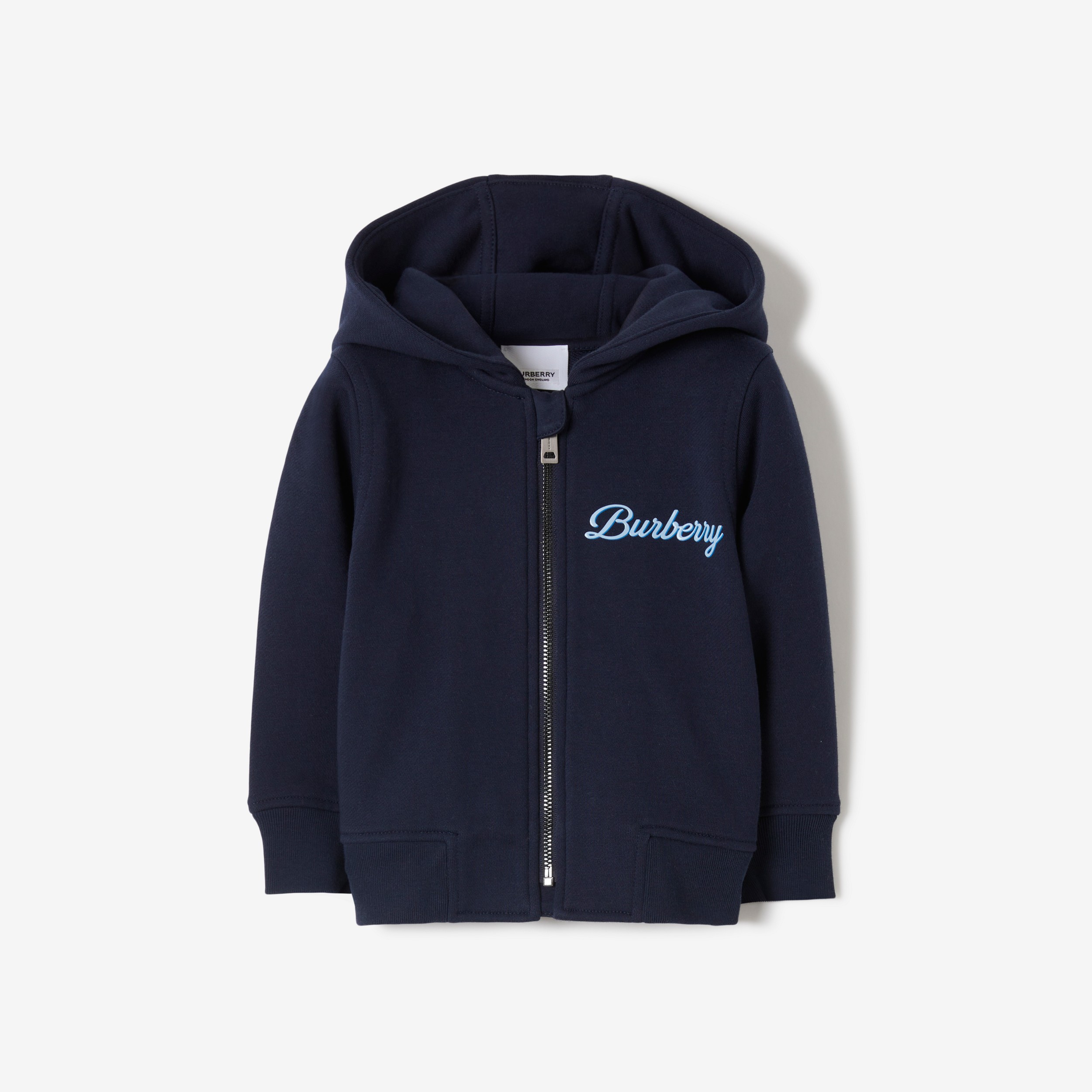 Logo Script Print Cotton Zip Hoodie in Deep Charcoal Blue - Children | Burberry® Official - 1