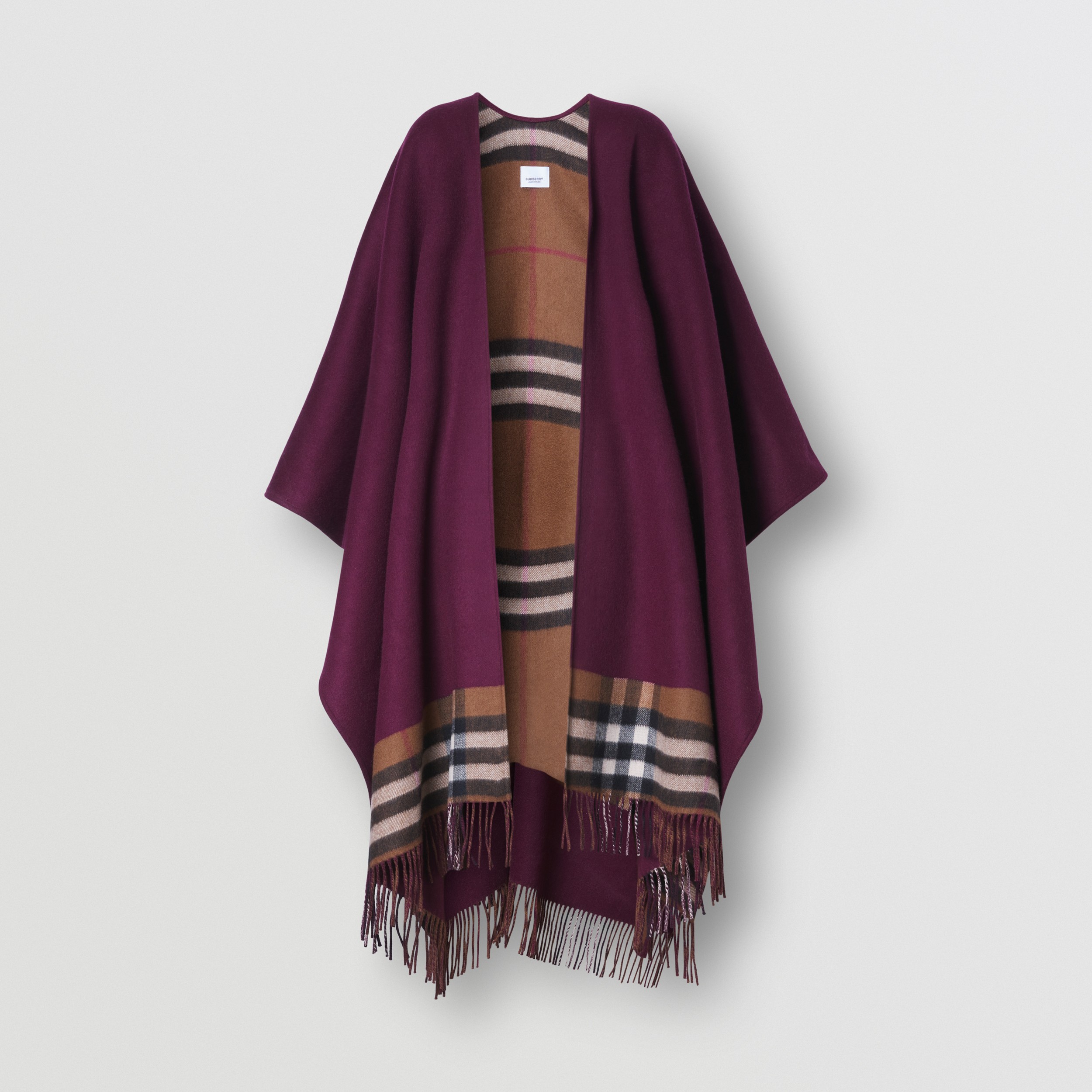 Reversible Check Wool Cashmere Cape in Cherry/birch Brown - Women | Burberry® Official - 4