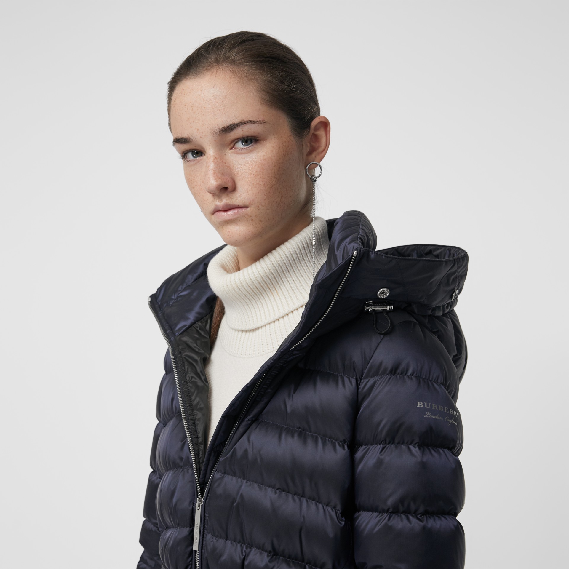 Detachable Shearling Trim Down-filled Puffer Coat in Navy - Women ...