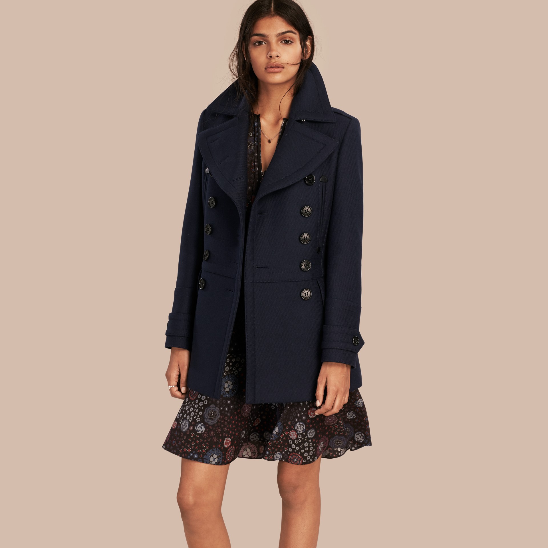 Wool Cashmere Blend Military Pea Coat in Navy - Women | Burberry United ...
